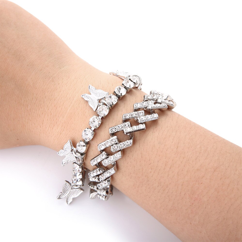 Rhinestone sommerfugl armbånd sæt charms cubanske armbånd til kvinder iset ud cubanske link kæde trendy krystal smykker: Sølvfarvet