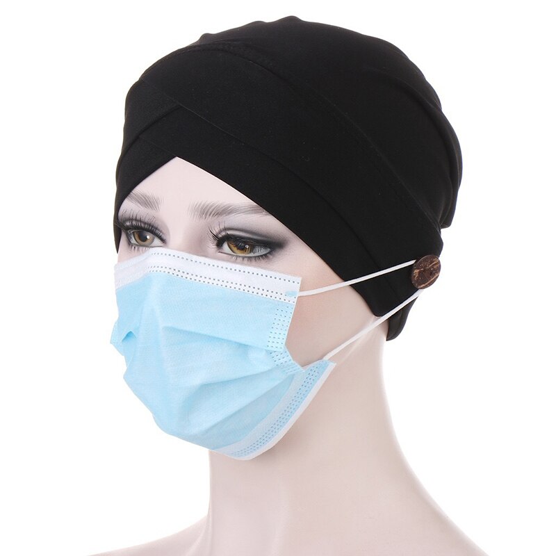 Turbante elástico de algodón para mujer, gorro de bufanda, gorro interior, gorro de enfermera con botón, oferta: Negro