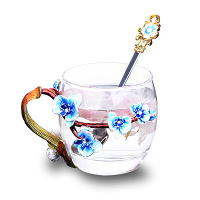 Peach Blossom and Rhinestones Decorated Enamel Coffee Cup Mug Flower Tea Glass Milk Cups Alloy Handgrip Cups and Mugs: M-1