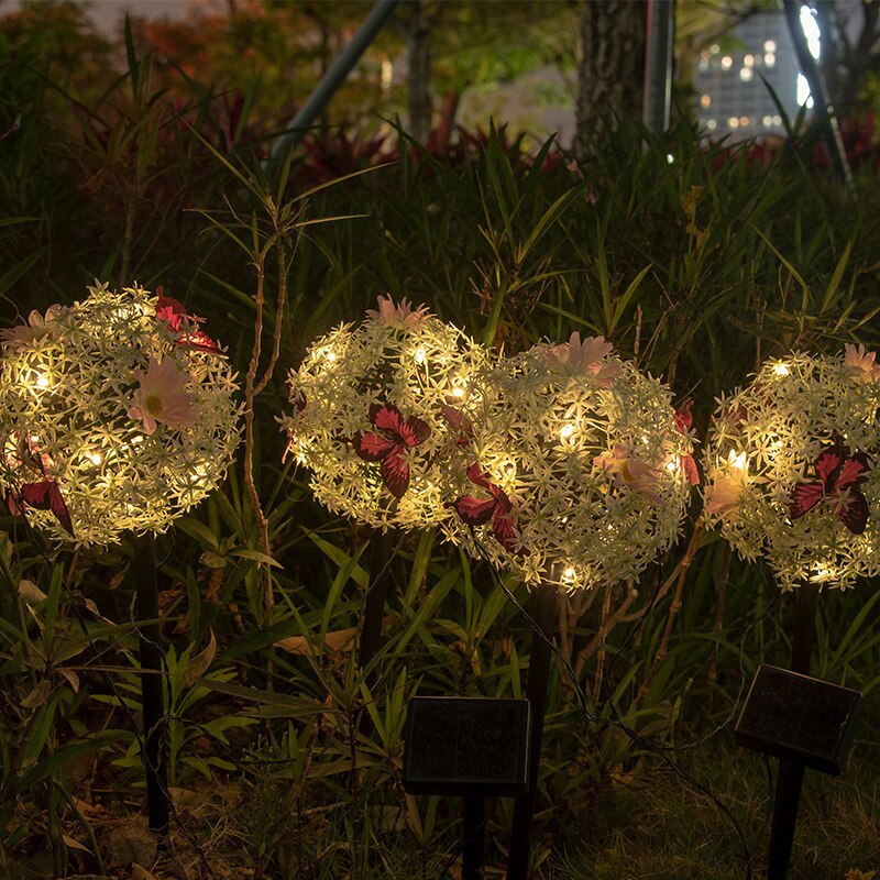 Solar Flower Ball Light Outdoor Lawn Butterfly Ball LED Light Two lights with Solar Panel Courtyard Decoration Light IP65