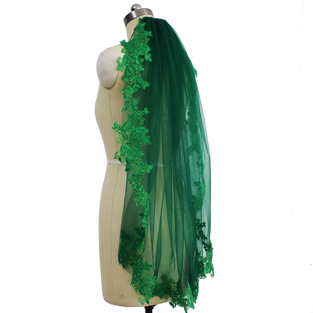 Real Pictures Green Lace Short Wedding Veil Beautiful One Layer Bridal Veil with Comb Muslim Arabic Voile De Mariee