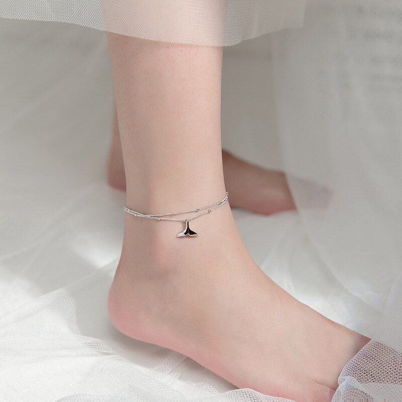 MIQIAO 925 Sterling Silver Whale Tail Anklet Chain Women Simple Delicate Girl Double Foot Ornament Bracelet On The Leg For Lady