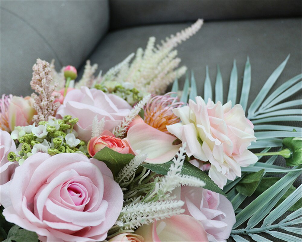 Roze Bruid Bruiloft Hand Boeket Bruidsmeisje Roze Rose Kwiaty Sztuczne Bukiety Bladeren Boeket Kunstzijde Bloem Tafel