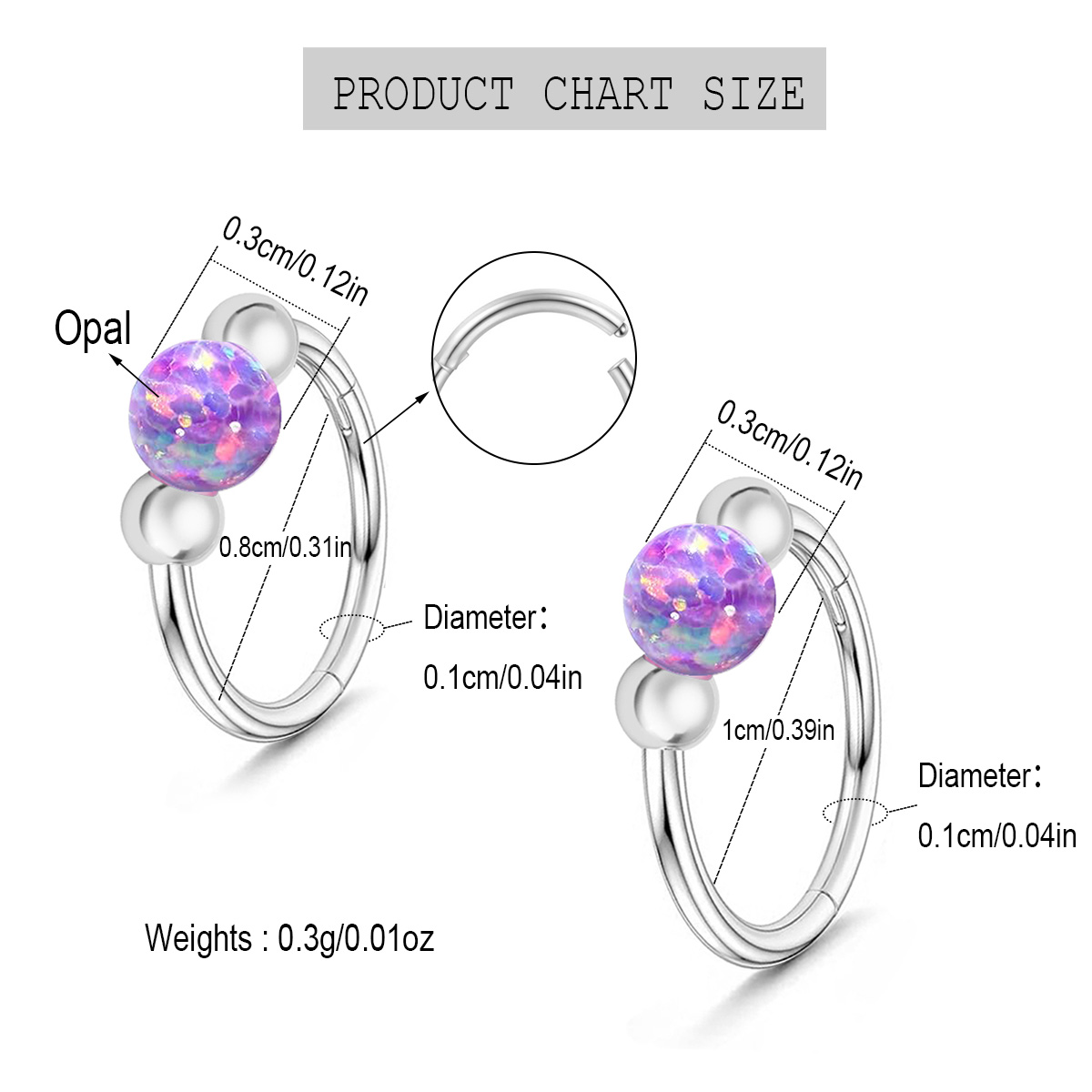 1 stk. 18g opalnæseringe til kvinder, 316l næseringe i kirurgisk stål, 8mm/10mm piercingsmykker, septumring og bruskørering