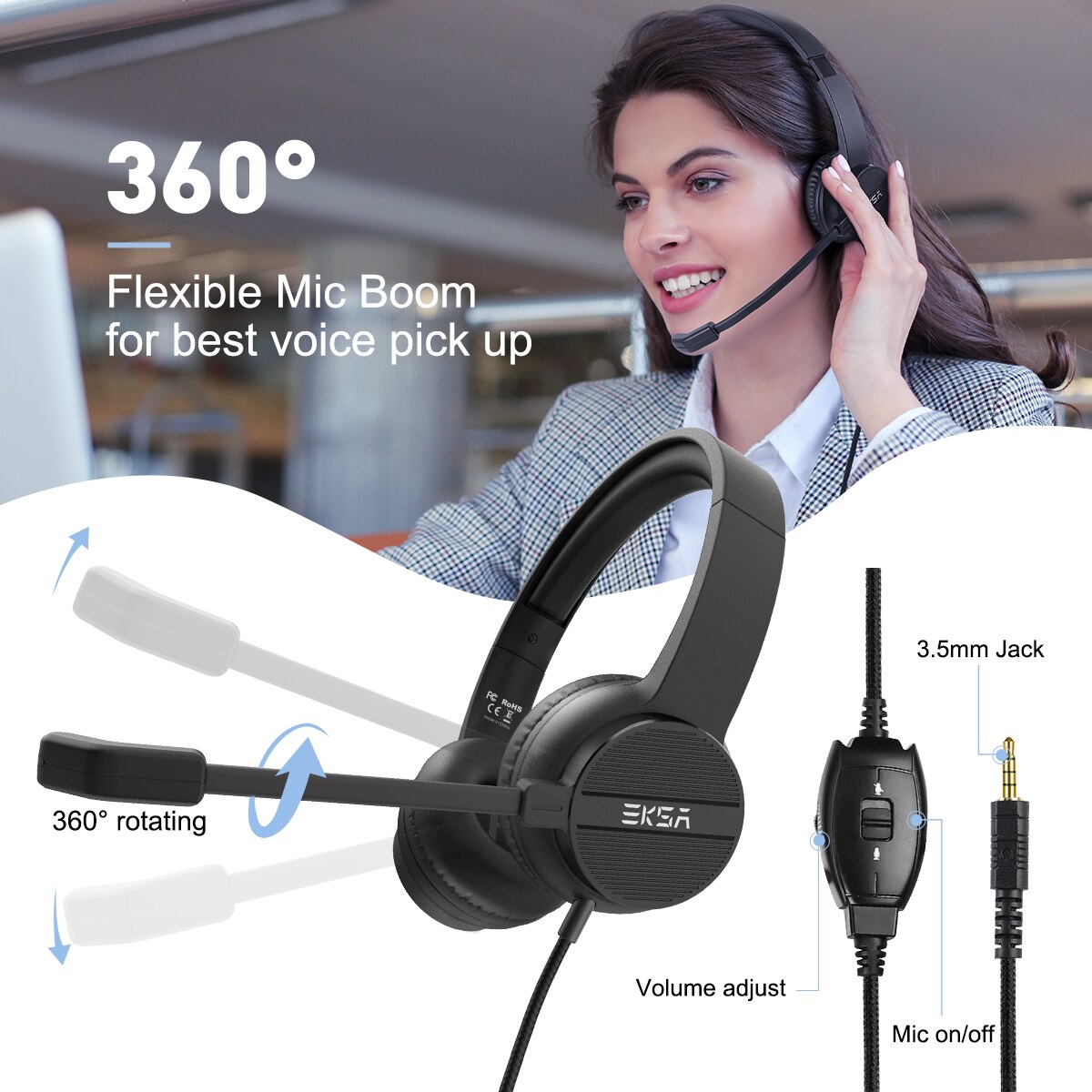 EKSA H12 Office Headset On-Ear 3.5mm Wired Computer Headphones with Microphone Call Center Headsets Gamer for PC Laptop Skype