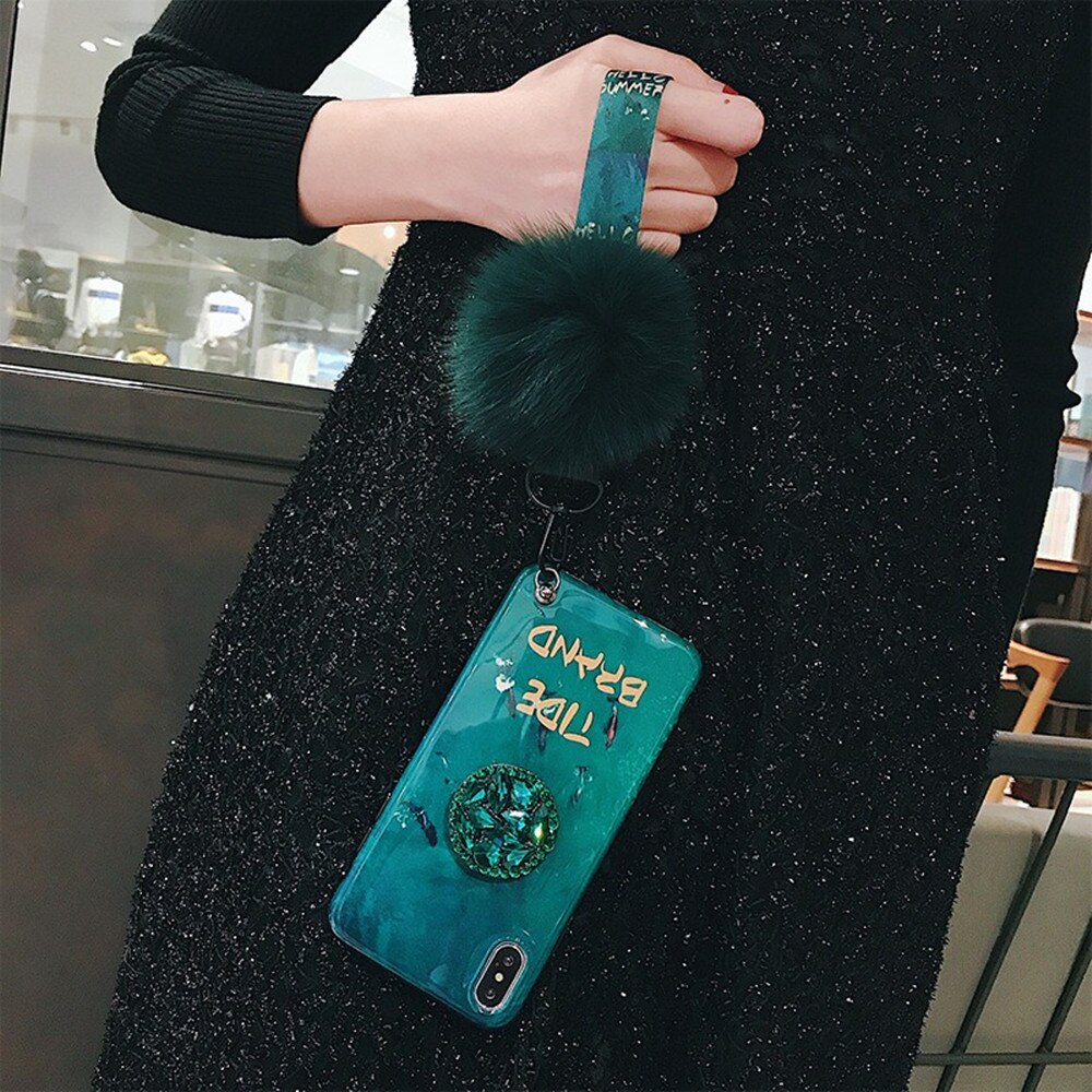 For Huawei Mate 20 Pro Mate 30 Lite Mate 30 20X 5g 10 9 Pro Y6 Y7 Y9 Rhinestone Holder Vintage Emerald Hairball Back Case