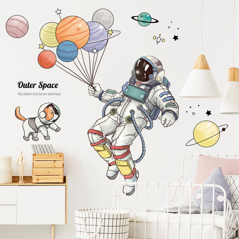 3D Astronaut Removable Wall Stickers Spaceship Space Planet Balloon Decal for Kid's Room Cartoon Kindergarten Sticker