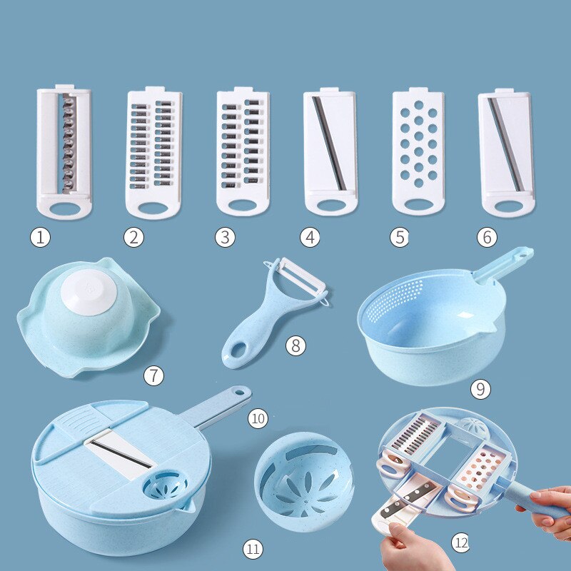 Gemüse Cutter 6 in 1 Multislicer Manuelle Reibe für Gemüse Schäler Heimat Manuelle Gemüse Cutter Gemüse Schneidemaschine Zerhacker: Blau