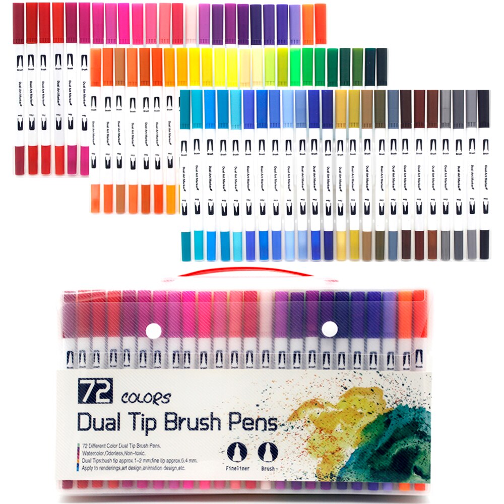 Tuscher sæt 36/48/72/120 farver fineliner dobbelt spids pensel pen tegning maleri akvarel kunst tusch penne til manga kunst forsyninger: W -72 farve