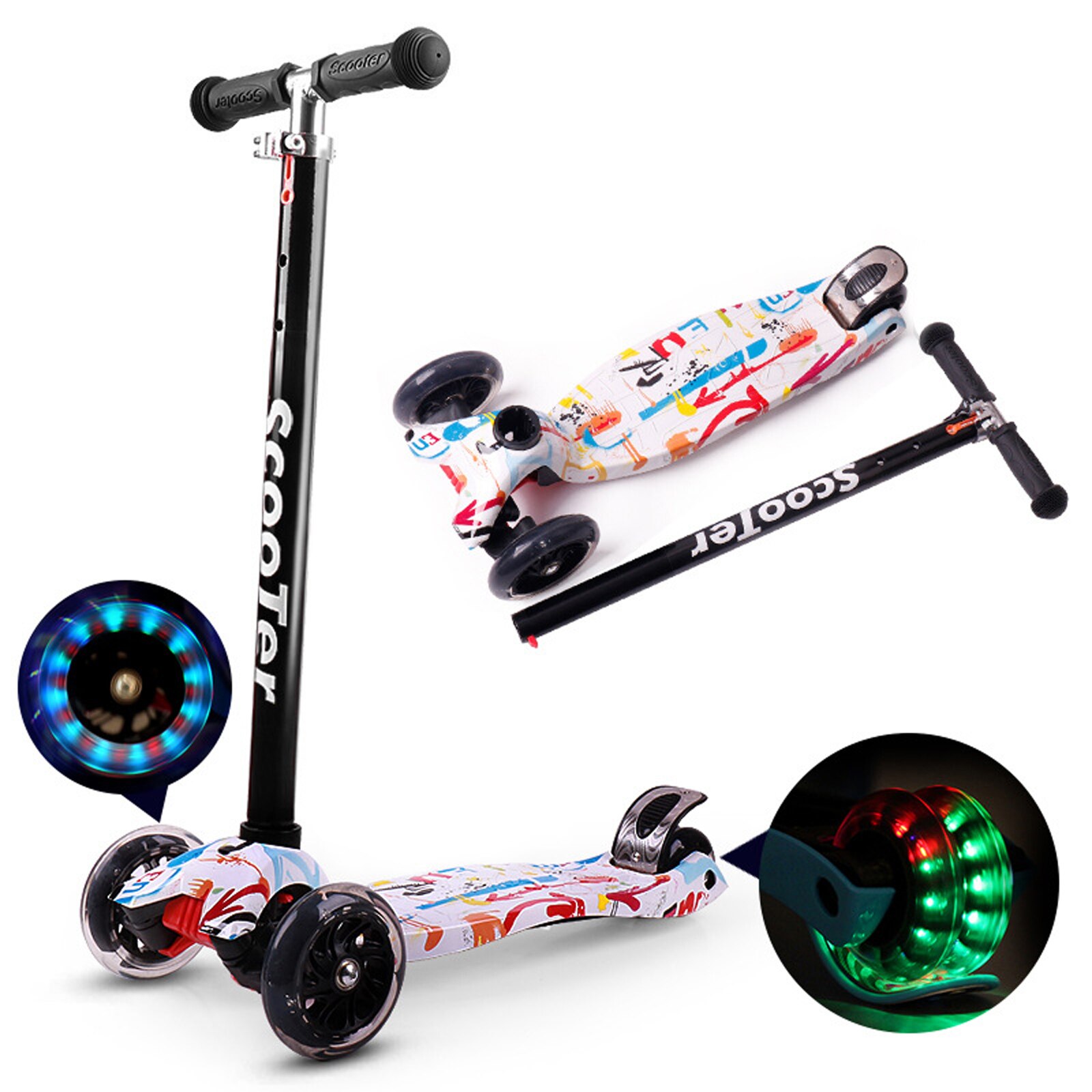 Sammenklappelig scooter til børn 3- hjulsscooter med lette hjul, sparkescooter til 3-8 års justerbar højde letvægts-scooter: Rød hvid