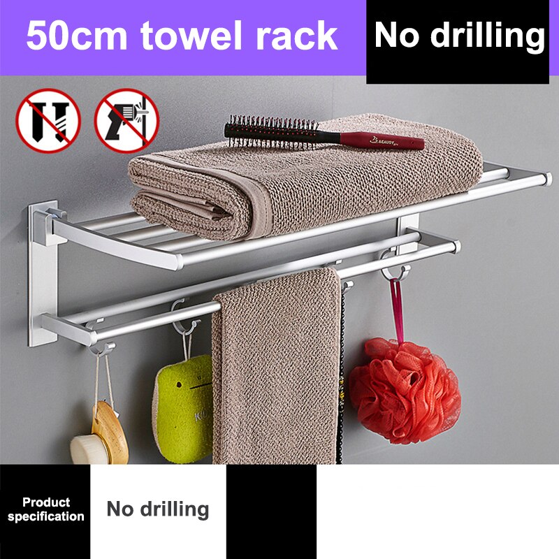 Taitettava pyyhepidike kylpyhuone pyyheripustin vaatteiden säilytysteline 40 50 60cm alumiinihylly koukulla keittiö hotelli ei porausta: 50cm
