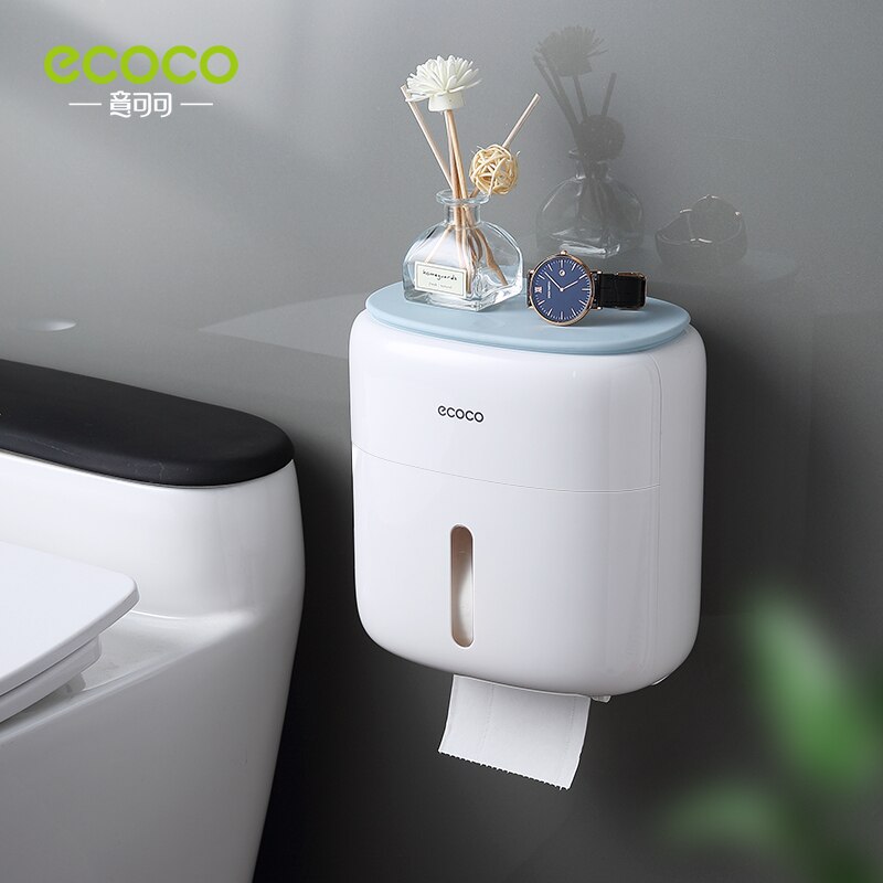 ECOCO-soporte de papel higiénico de montaje en pared, estante, bandeja de papel higiénico, tubo de papel en rollo, caja de almacenamiento creativa, caja de pañuelos para el hogar: double-deck blue