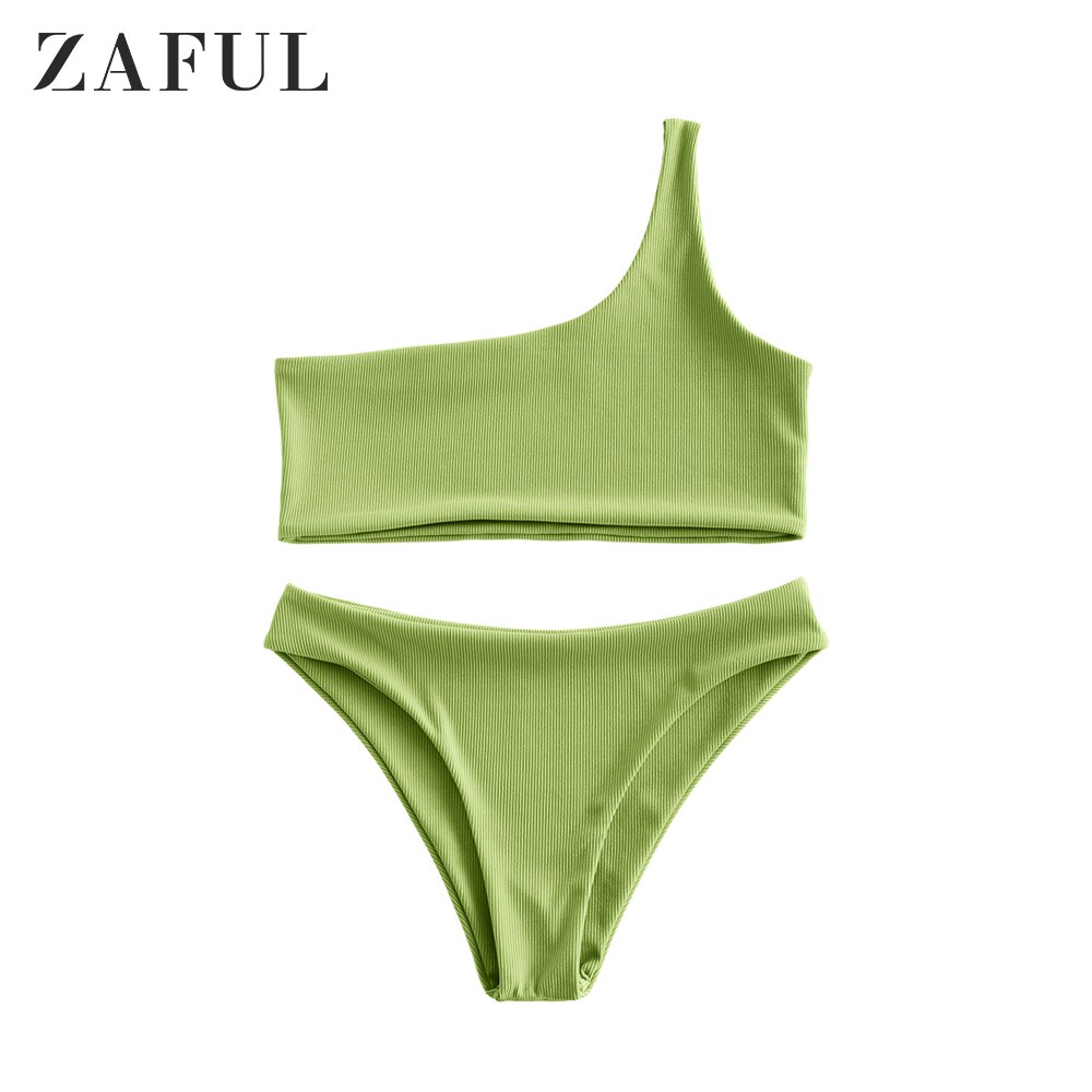 Zaful Geribbelde Een Schouder Ongevoerd Bikini Badpak Voor Vrouwen Effen Kleur Elegante Badmode Groene Ui Badpak: Green Onion / M