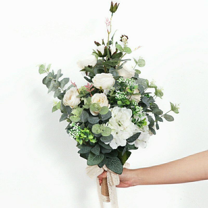 SESTHFAR Weiß Grün Pfingstrosen Rose Hochzeit Strauß Boho Künstliche Brautjungfern Hält Blumen Braut Eukalyptus Hand Strauß