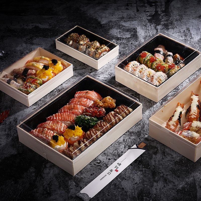 Engangs træ frokostpakningskasse japansk sushi salatindpakning madbeholder sashimi tempura sammenfoldelige trækasser pakkeværktøjer