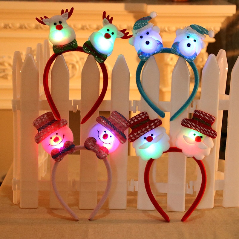 Xmas Toy Red Double Head Novelty Toy Christmas Santa Reindeer Snowman Bear LED Light Headband Hair Christmas For Children