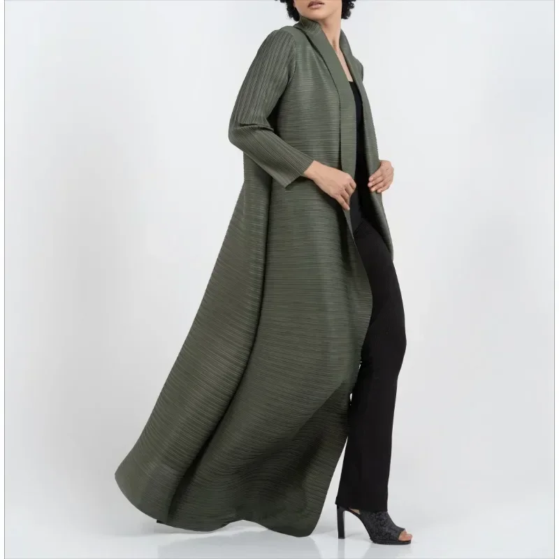 Gghk plisseret kvinders luksuriøse trenchcoat ensfarvet revers langærmet cardigan vintage løs stor størrelse arabisk abaya til kvinder: Grøn