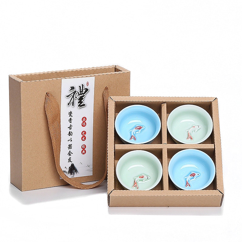 Exquisite 4pcs Ceramic 3D gold fish Cup,China tea cup set,Travel Tea Bowl Kung Fu Tea Set Chinese Teacup Sets Drinkware