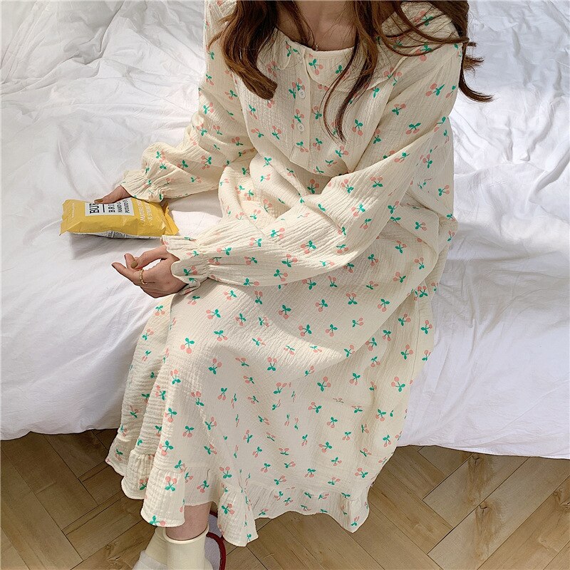 Vrouwen Nachthemd Koreaanse Stijl Lange Mouw Losse Pop Kraag Cherry Thuis Kleren Meisje Nachtkleding: Default Title