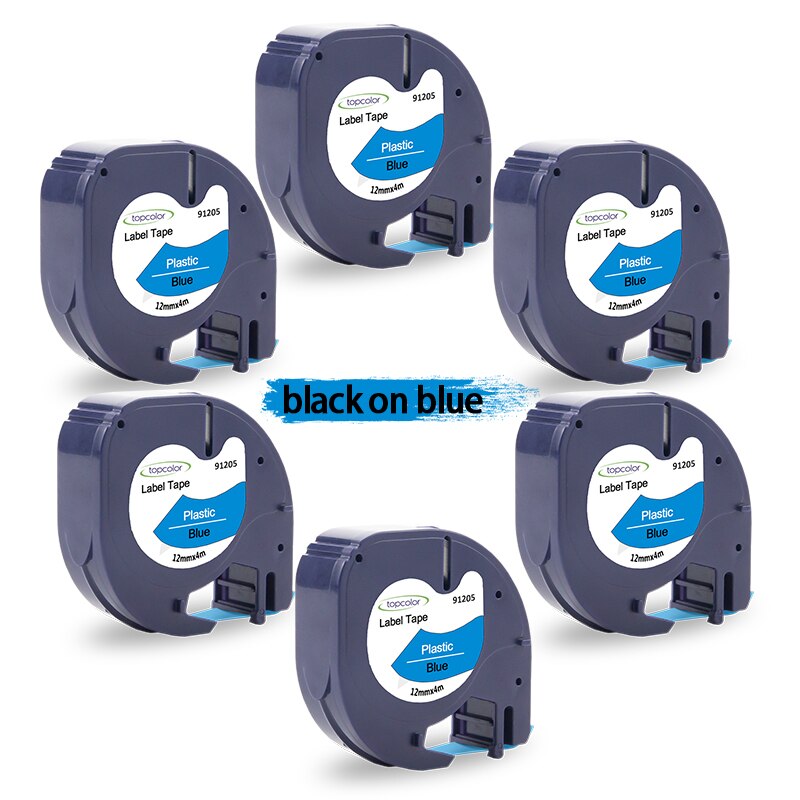 Topcolor-cintas de etiquetas para impresora dymo 91202, pegatinas de plástico, negro sobre amarillo, 12mm, para LetraTag Plus, LT-100T, LT-110H, 2000, XM, 6PK: Black on Blue