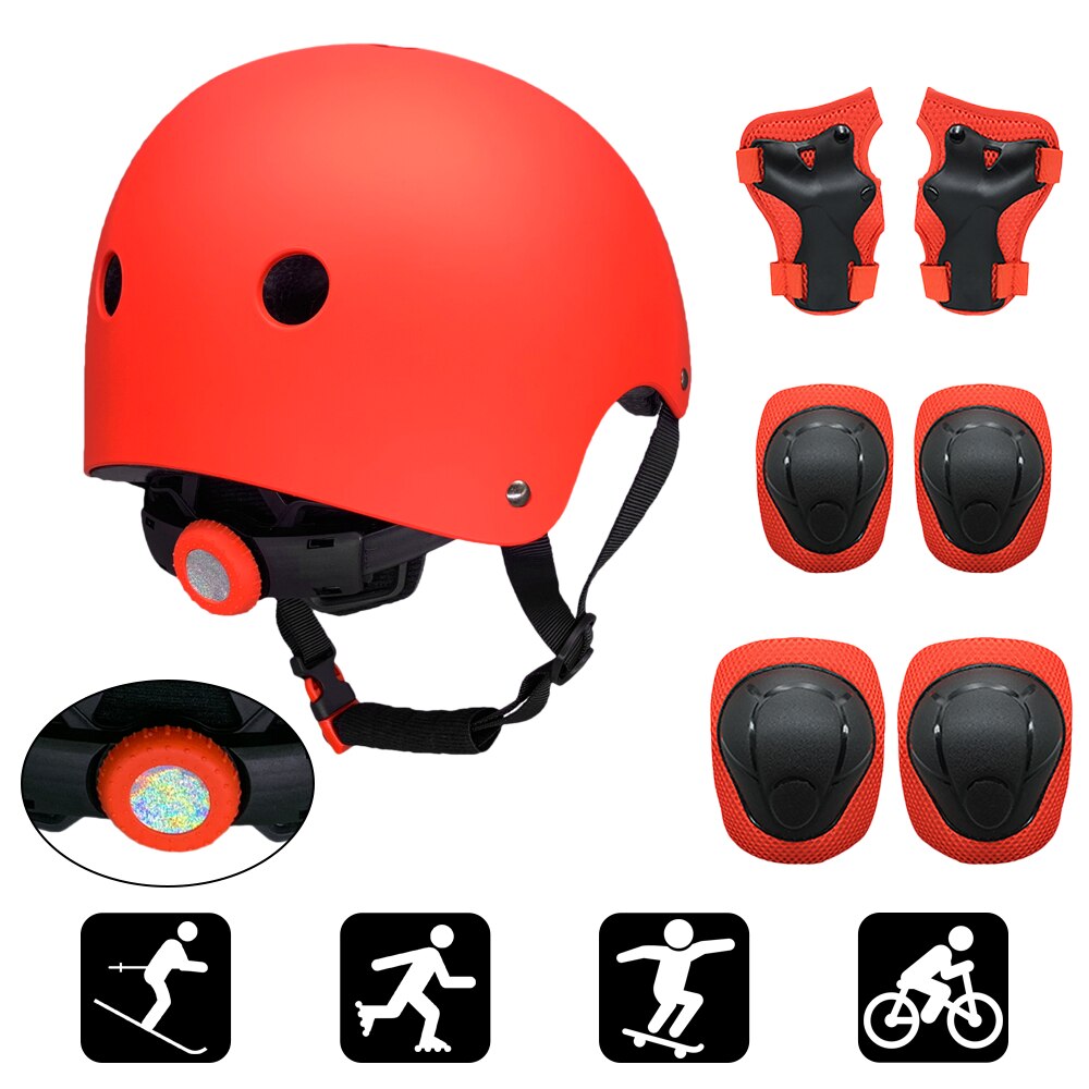 Barn 7 in 1 hjälm och kuddar set justerbara barn knäskydd armbågsskydd handledsskydd för skoter skateboard rullskridskoåkning cykling: Röd