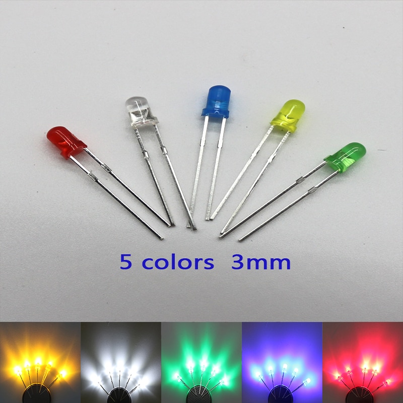 100 stks 3mm LED Licht Diverse Kit DIY LEDs Set Wit Geel Rood Groen Blauw 5 soorten X 20 stks = 100 stks