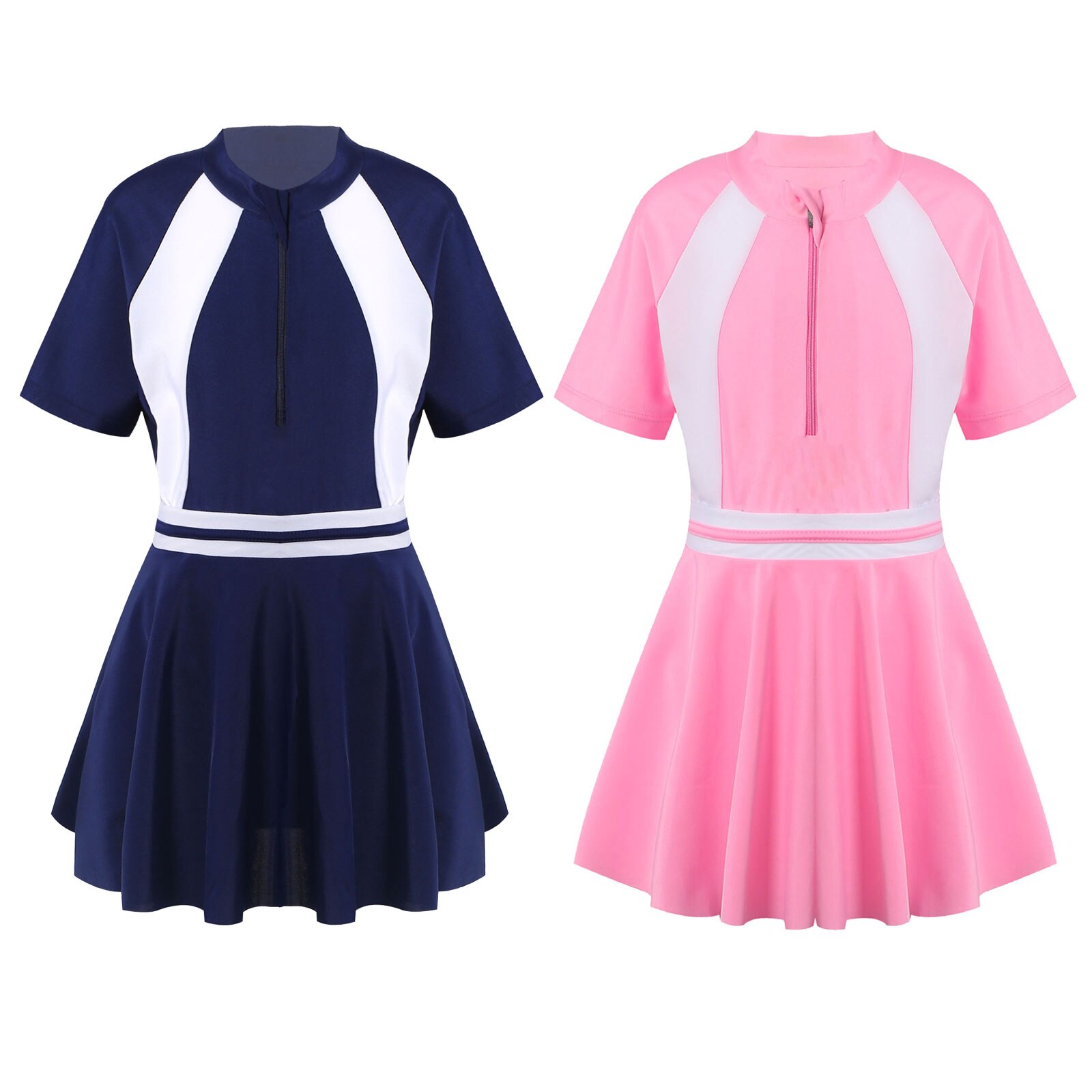 Kids Swimsuit for Girls Beachwear Bathing Suit Children Swimwear Short Sleeve Leotard Bodysuit with Skirt Schoolgirl Uniform