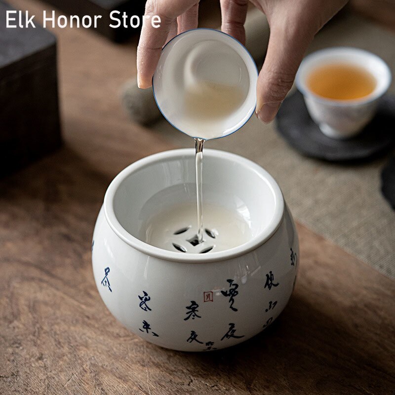 525Ml Pure Handgeschilderde Kalligrafie Art Keramische Jianshui Thee Wastafel Retro Glazuur Thee Residu Vat Thee Emmer Kung fu Teaset