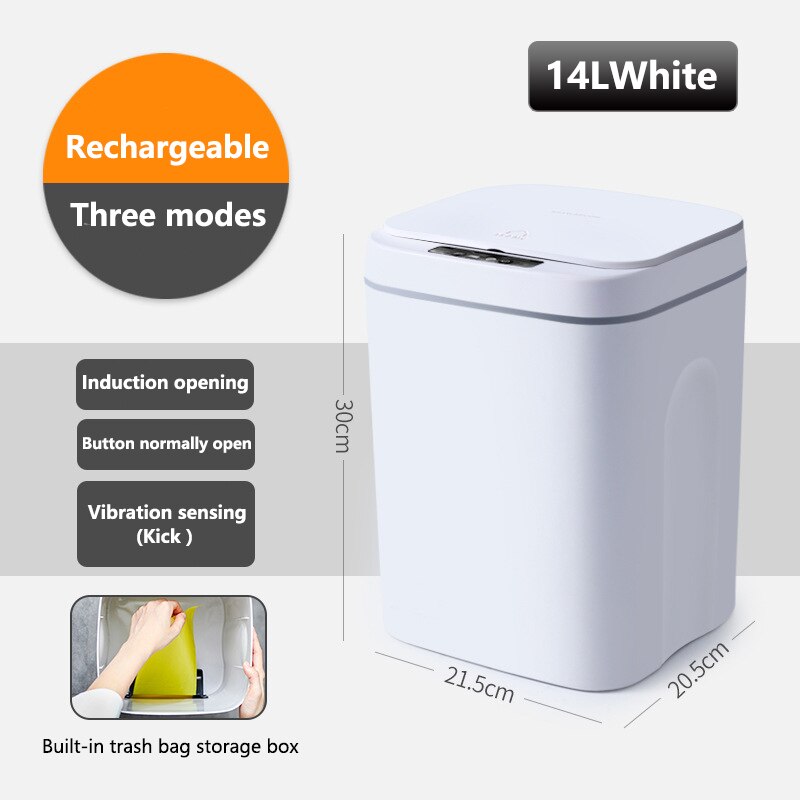 Smart Trash Can Automatic Induction Trash Can with Lid USB Charging Trash Can Bin 12/16L with LED Lights Home Smart Garbage Bin: USB White 14L