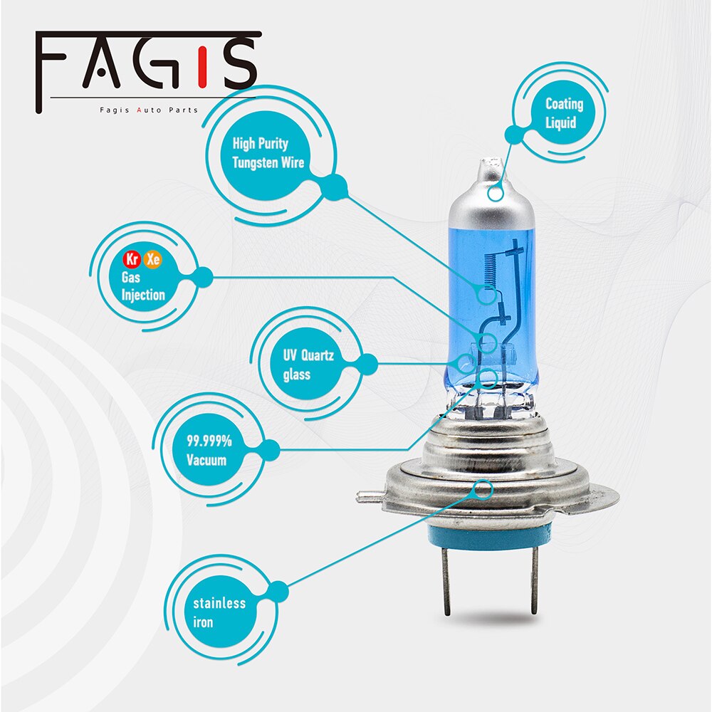 Fagis-bombilla halógena H7 para faro delantero de coche, luz blanca superbrillante de 4800K, cristal de cuarzo azul, 12V, 55W, 2 uds.