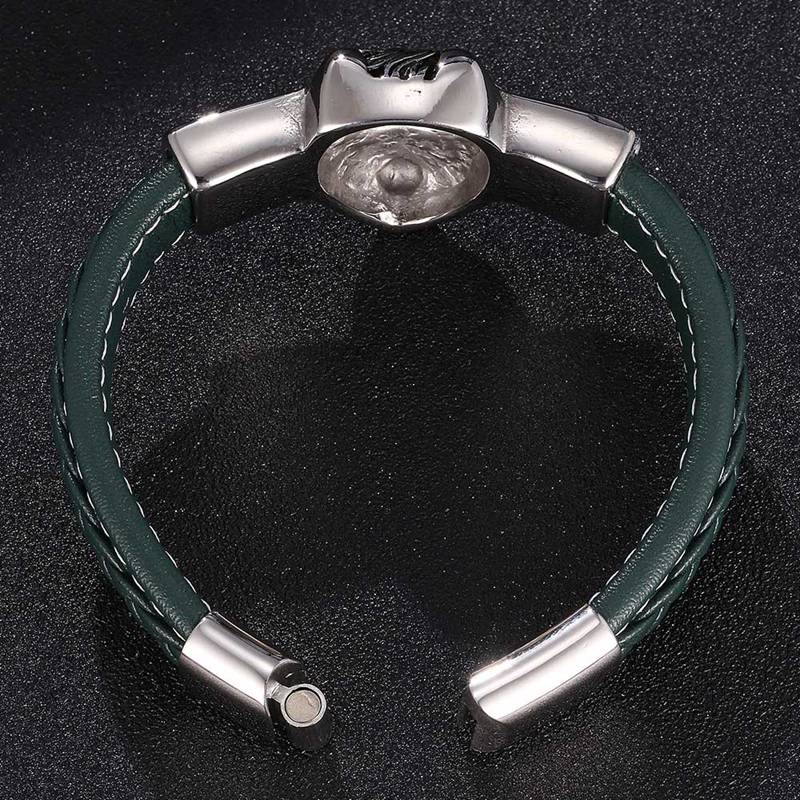 Green Leather Bracelet Men Hip Hop Leo Lion Head Stainless Steel Magnetic Buckle Rock Punk Bangles Party Jewelry SP0823