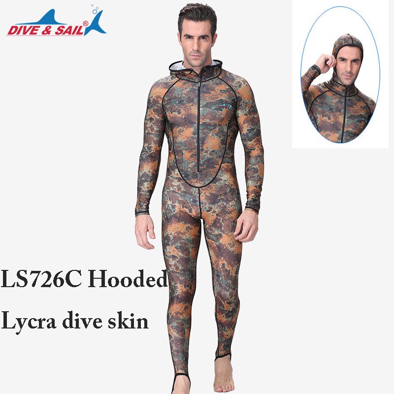 Dive&amp;Sail Rash guard Swimming Suit spearfishing Spandex couple Camo Skin DIVE One piece UV proction Men Women Surfing suit: LS726C men With hood / XL