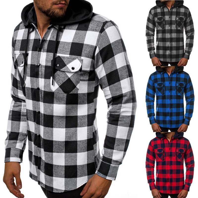 Puimentiua skjorta herr vårrutiga skjortor huva ytterkläder långärmad casual manlig chemise homme eu storlek