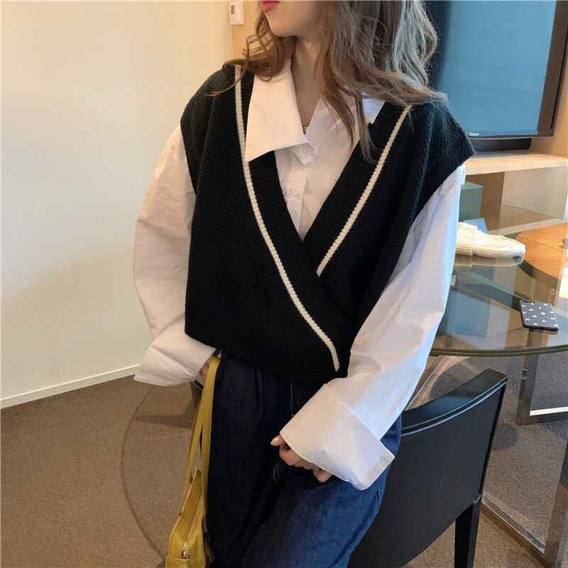 Tröja väst dam patchwork v-ringad enkelknapp snygg kontor dam koreanska ulzzang streetwear chic fritids ytterkläder