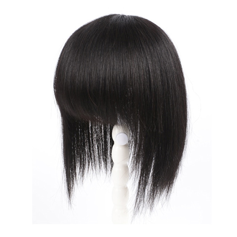 LANLAN-Peluca de cabello blanco con flequillo, pieza de cabello natural negro/marrón oscuro, parte superior fina e invisible, 3D