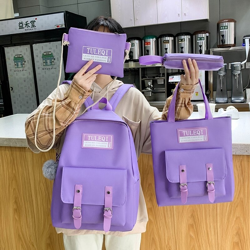 Set van 4 schooltassen, canvas damesrugzak, collegetas voor meisjes, antidiefstalrugzak, mochilas, damesrugzak