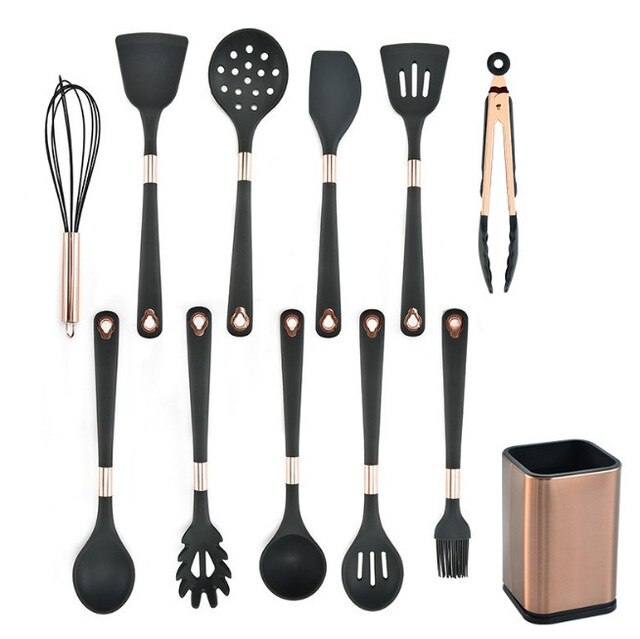 9-13 Pcs Silicone Keukengerei Set Zwart Goud Keuken Kookgerei Hittebestendige Non-stick Gebruiksvoorwerpen Accessoires Bakken Gereedschap opslag: 12PCS Storage  Large