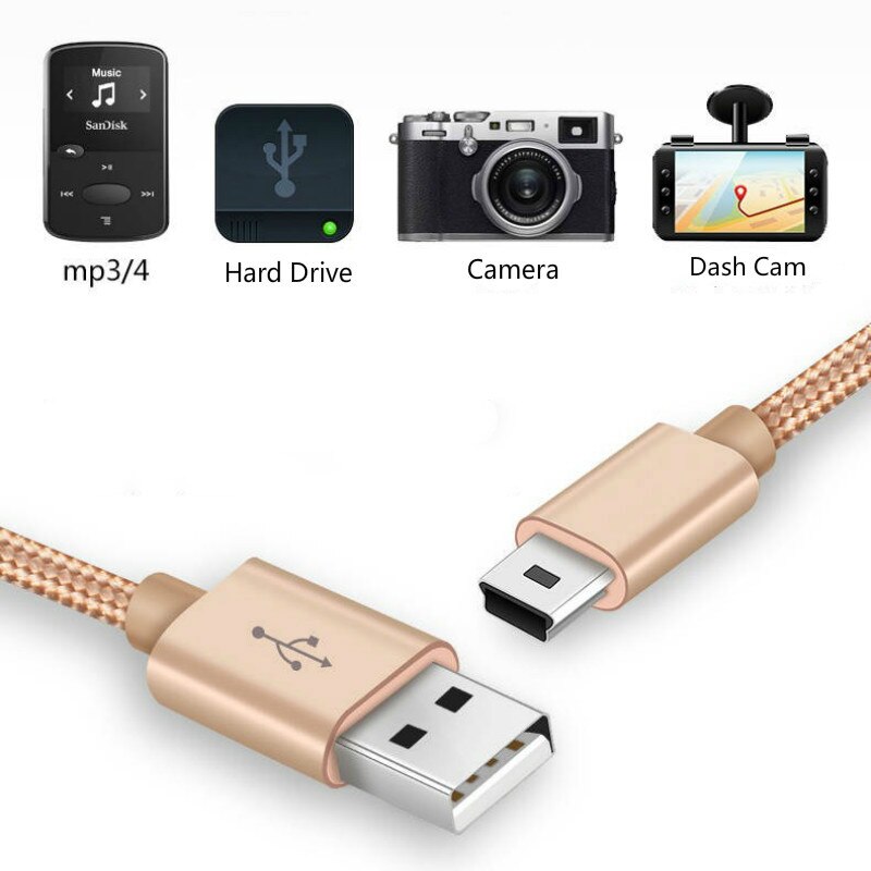Mini cabo usb 2.0 trançado, cabo de carregador mini-b compatível com controle de ps3, câmera digital, câmera dash, sincronização de tocador mp3