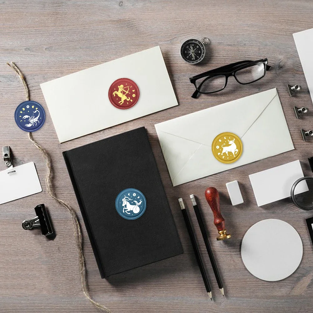 12 stjärntecken vaxstämplar runda avtagbara förseglade mässingsvaxstämpelhuvuden för att dekorera kuvert födelsedagskort anteckningsbok