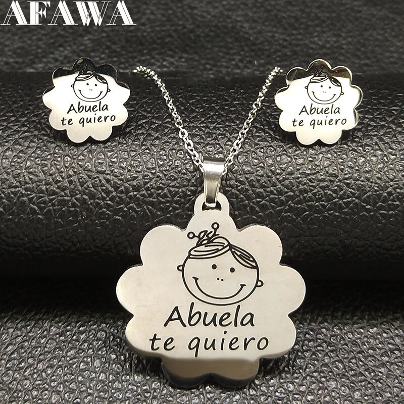 Abuela Rvs Oorbellen Ketting Set Sieraden Voor Vrouwen Zilveren Kleur Set Sieraden Aretes De Mujer 178621