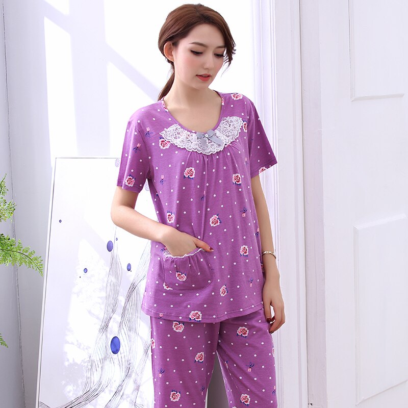Pyjama grande taille 100% coton pour femmes, ensemble violet à manches courtes, imprimé floral, vêtements de nuit pour la maison