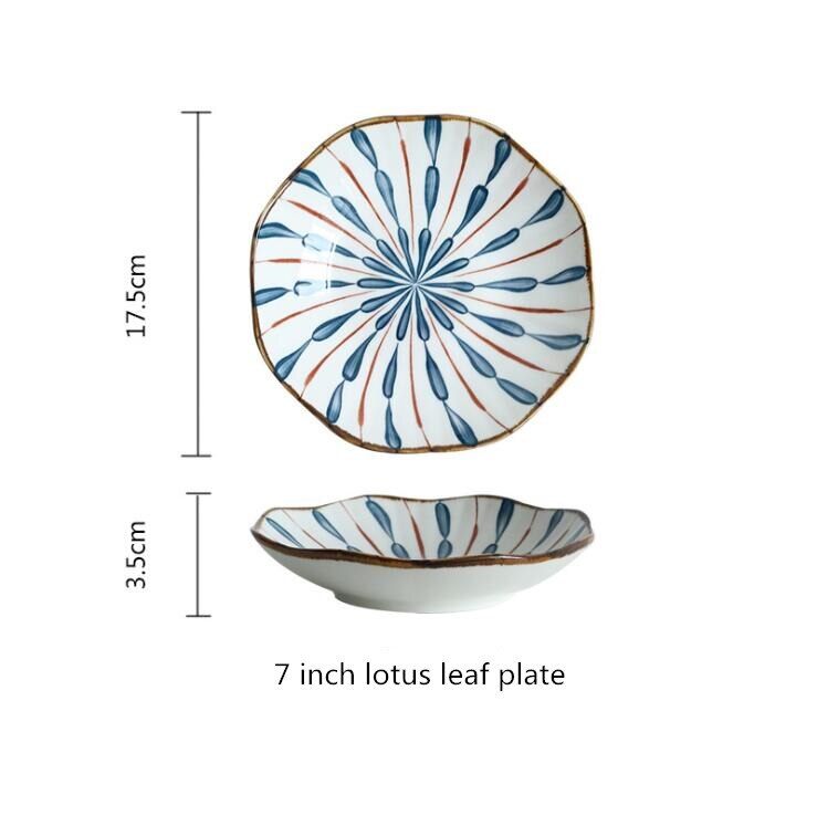 Japanese blue water drops Dinner Plate Set Ceramic Kitchen Plate Tableware Set Food Dishes Rice Salad Noodles Bowl Soup: 7inch leaf plate