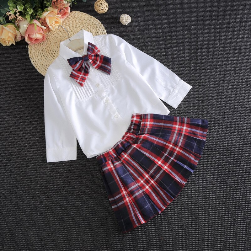 Conjunto de 2 unidades de ropa para niña pequeña, trajes escolares, faldas plisadas, camisas blancas para niña, faldas a cuadros, uniforme escolar de princesa