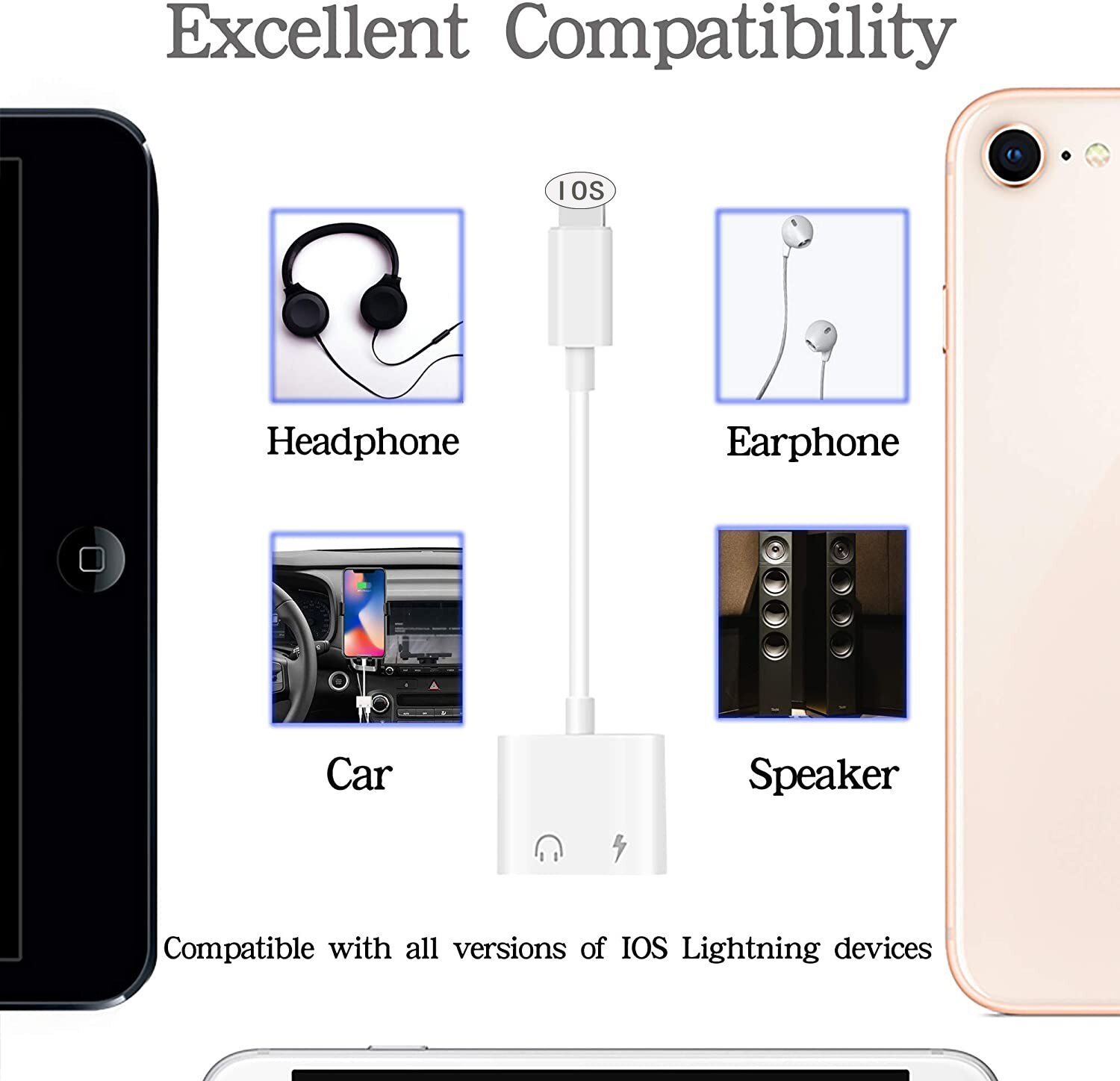 2 in 1 iOS Lightning to 3.5mm Jack Adapter Headphone Charger & Aux Audio Splitter Cable Compatible iPhone Support iOS System