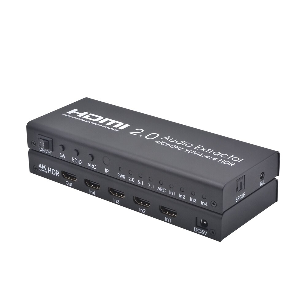HDM2.0 audio splitter HD 4 in 1 out met audio scheiding HDMI switcher 4K60Hz AYSA-41V20 zwart