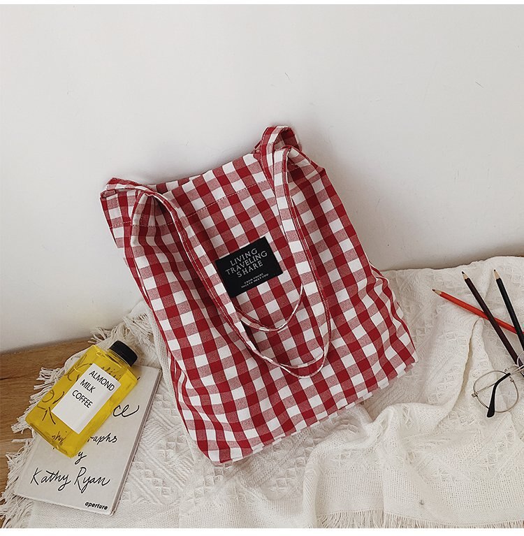 Mode Duurzaam Vrouwen Student Katoen Linnen Enkele Schoudertas Shopping Tote Check Plaid Vrouwelijke Vlas Canvas Boodschappentassen: Red