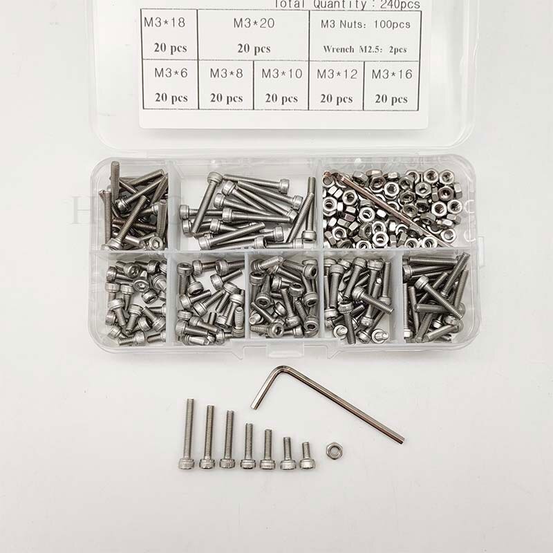 240 stk/set M3 Cap Hoofd Rvs Inbusschroeven Bolt met Hex Noten Assortiment Kit Fasteners met Plastic Doos schroef bolt