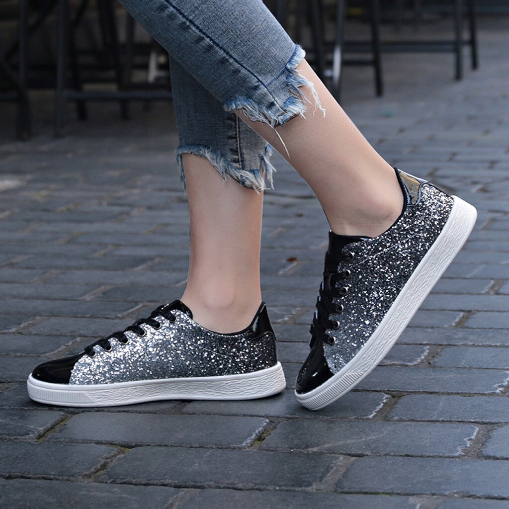 KANCOLLE Women's Leisue Sneakers Lightweight Sequins Flying Weaving Breathable Comfortable Trend Women Student Running Shoes15#4: Black / 40