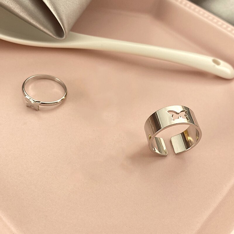 Punk Eenvoudige Stijl Liefhebbers Vlinder Opening Ring Creatieve Vrouwen Goud Zilver Kleur 2 Stuk Ring Sieraden Voor Goede vrienden: Zilver