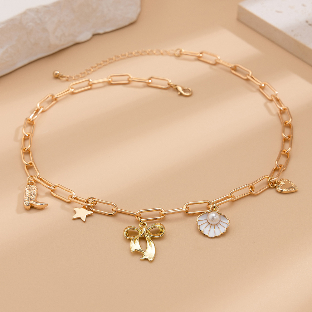 Exquisitos dijes, collar con colgante de perlas para mujer, gargantilla con dije de lazo de Color dorado de acero inoxidable, concha de concha, de joyería de: Color amarillo dorado claro